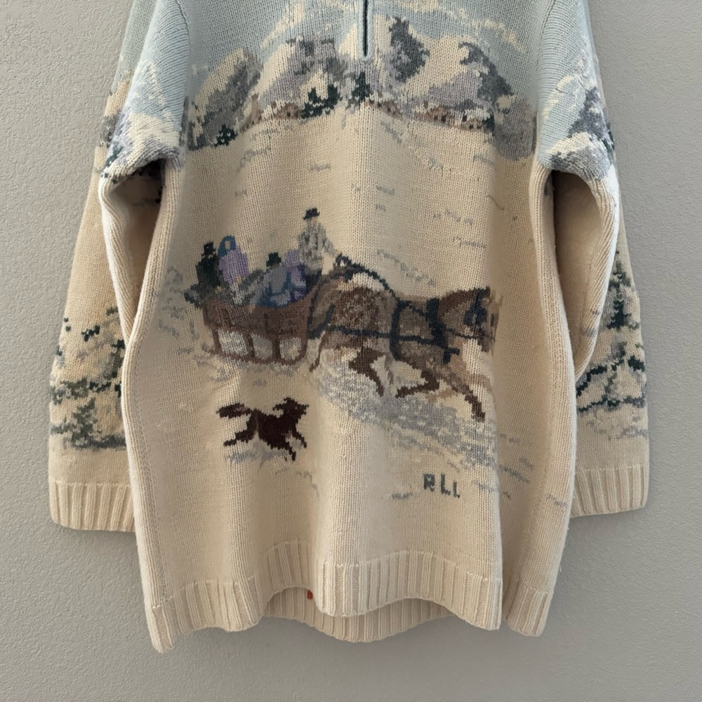 Ralph Lauren Vintage Sweater Sled Dog Scene Hooded Country Lambswool Hanknit 1X - Picture 4 of 11